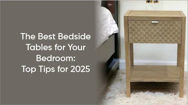 Modern bedroom with white bedside table, books, and a cup – 2025 bedside table trends