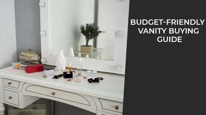 White vintage-style makeup vanity table with a large lighted mirror and beauty products.