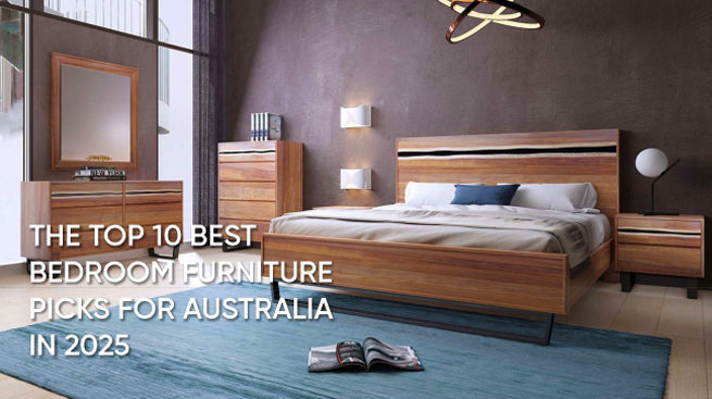 Modern wooden bedroom furniture set with bed, side tables, dresser, and mirror – featured in Australia's top 10 furniture picks for 2025.