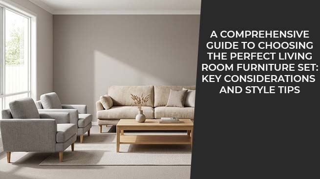 Modern living room furniture set with a beige sofa, armchairs and wooden coffee table