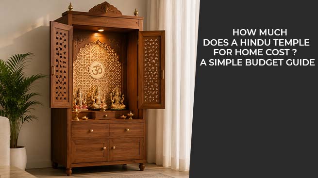 Wooden Hindu home temple mandir with intricate carved doors and decorative details