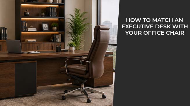 Executive wooden desk paired with a matching brown office chair in a modern office
