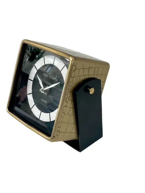 Square Hinged Clock Black & Gold Croc 15cm