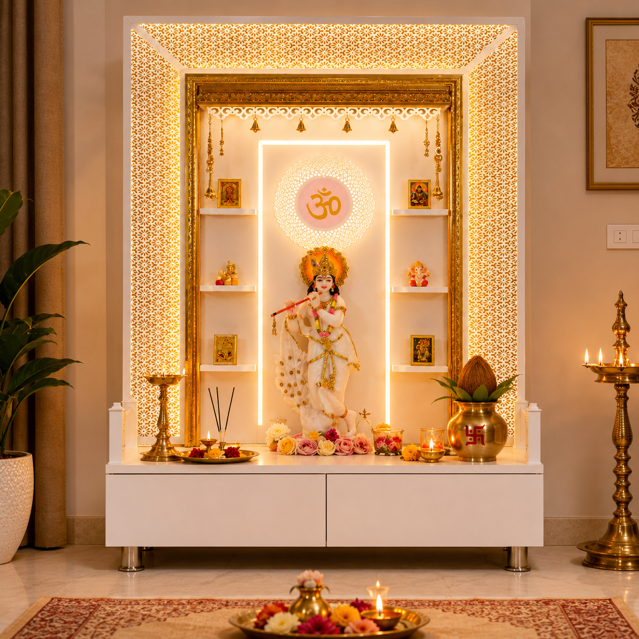 F C Wooden Pooja Mandir with Twin Drawers and Ledges wide