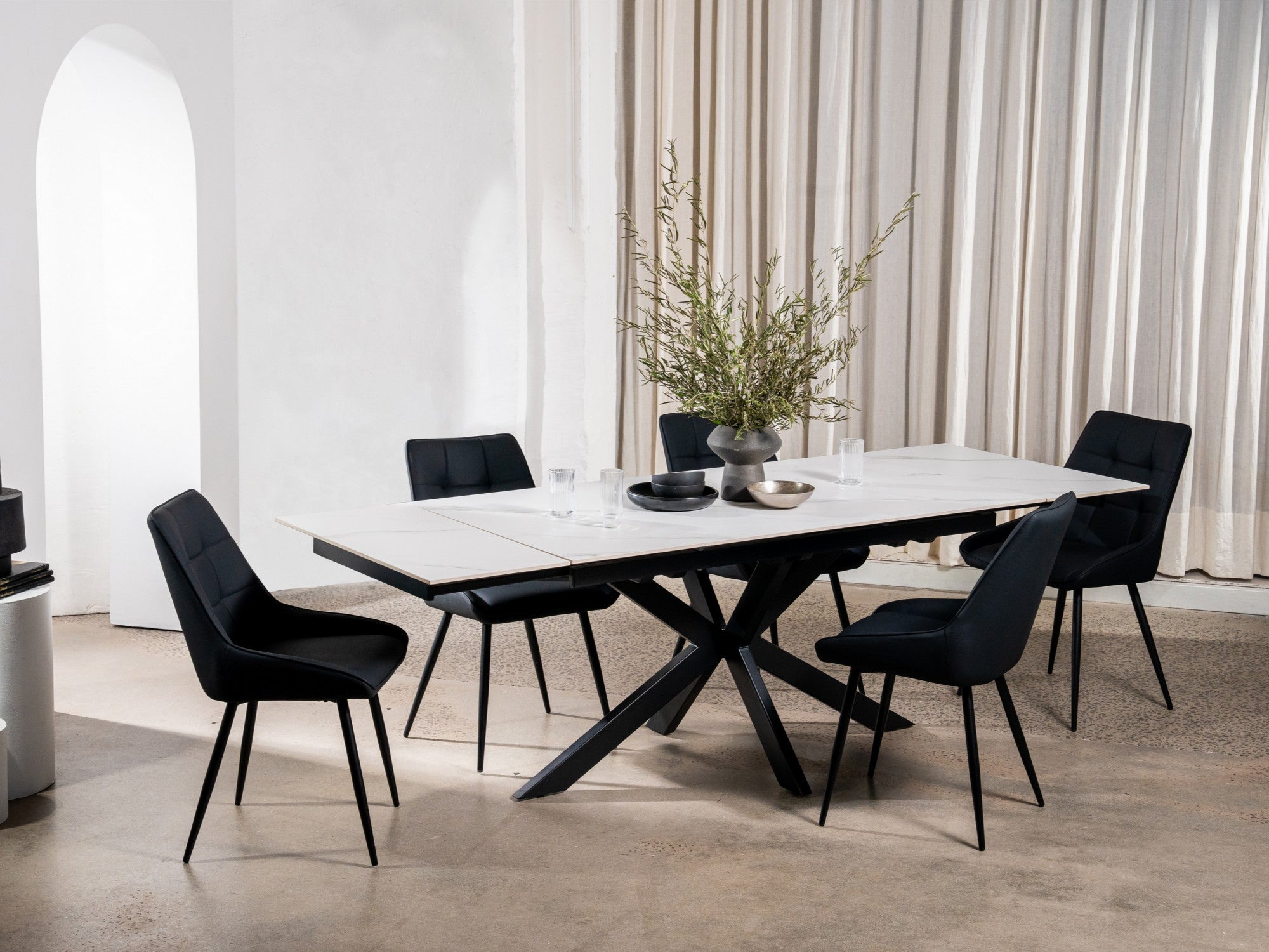 Newcastle Extension Dining Table – Snow White Marble Effect | Black Cross Leg Frame
