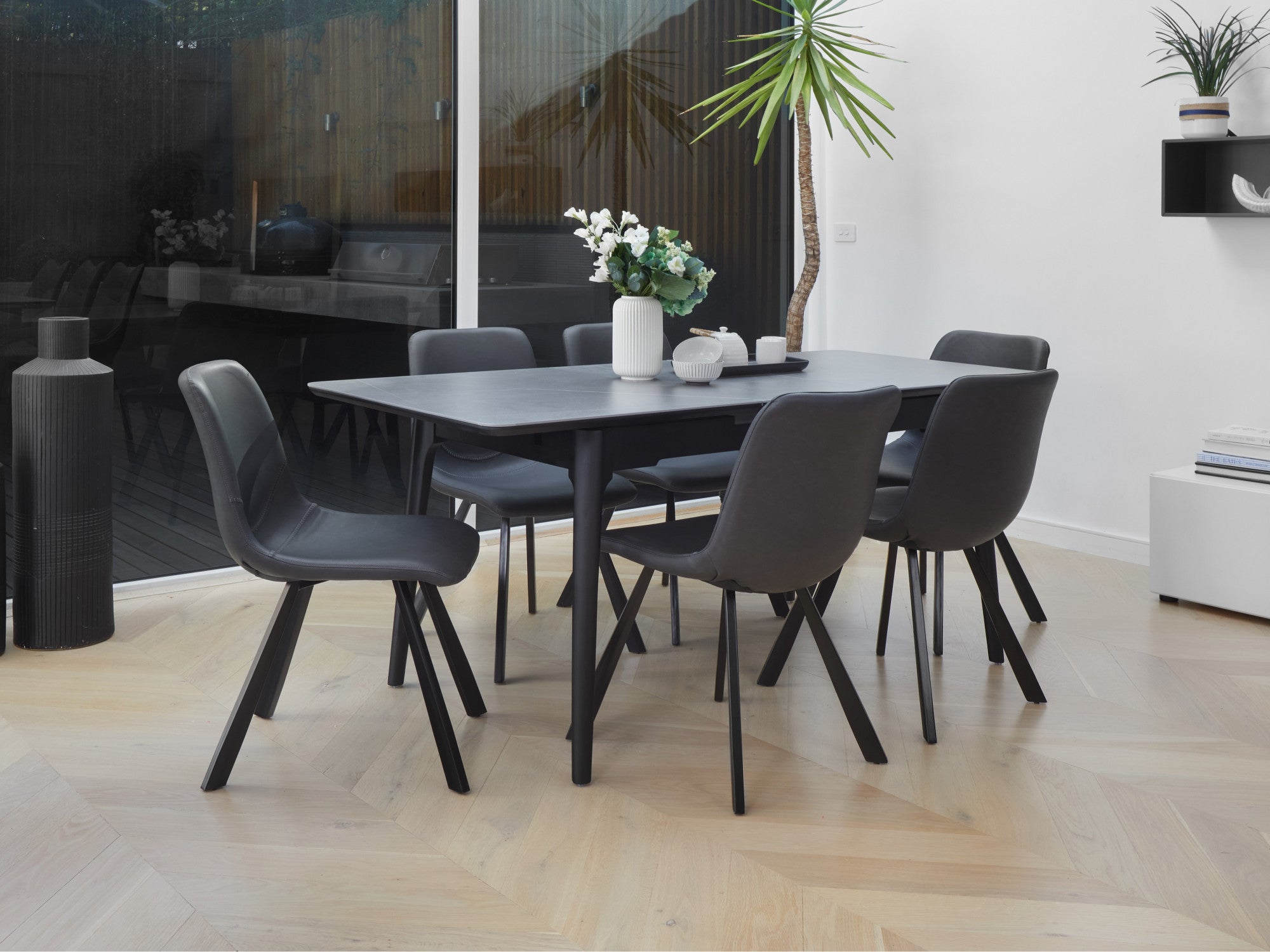 Nikita Extension Dining Table – Bulgarian Grey Marble Effect | Black Timber Frame