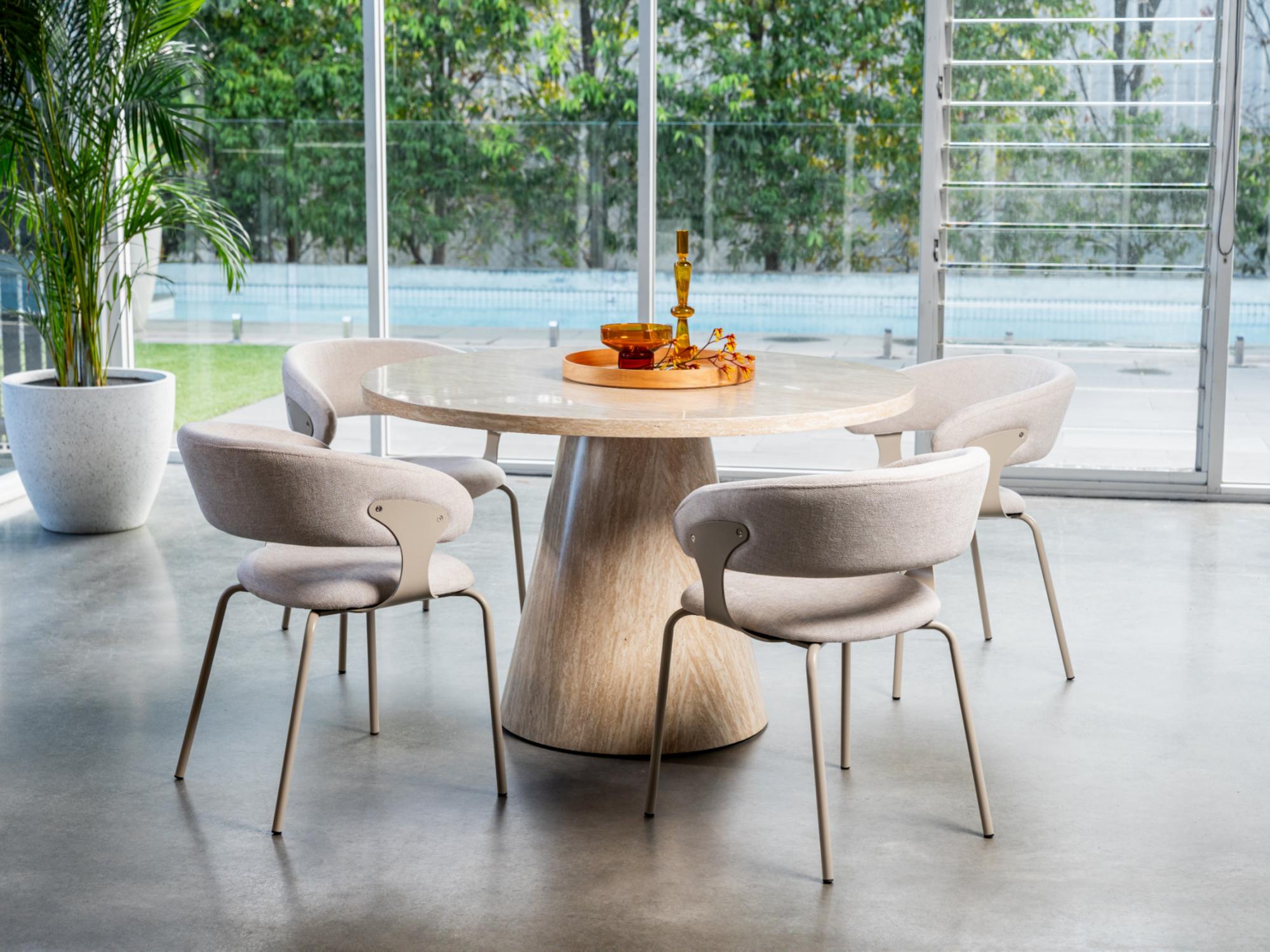 Tessa Round Dining Table – French Fawn Travertine Effect | Matching Base