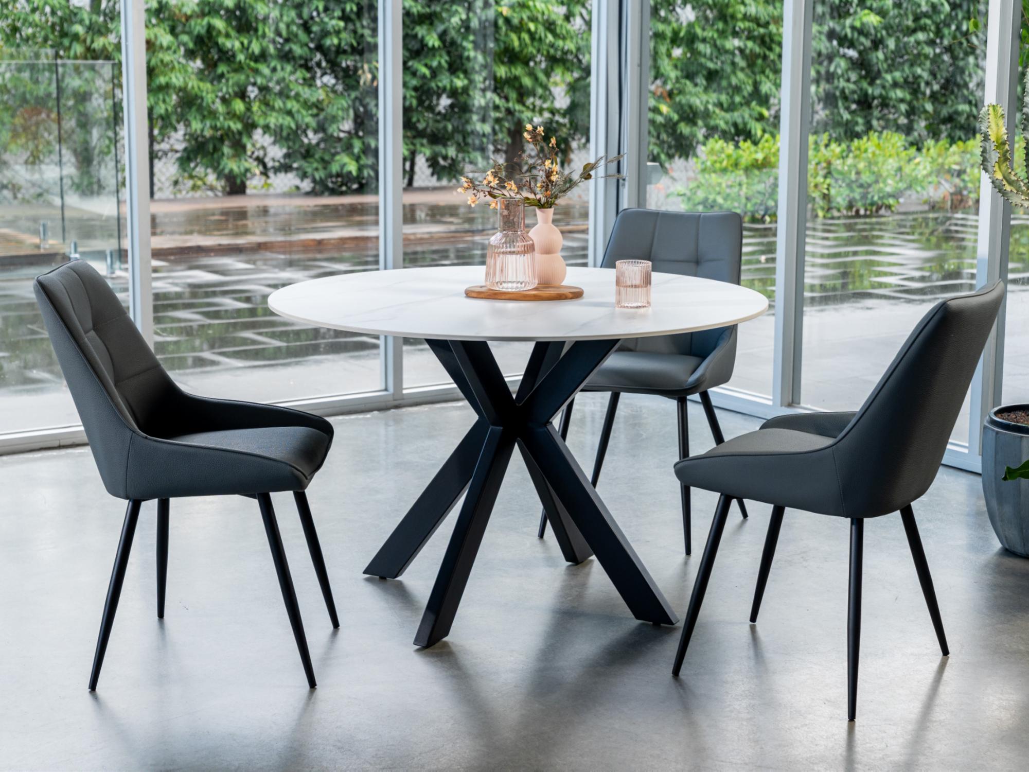 Venice Round Dining Table – Snow White Marble Effect | Black Frame