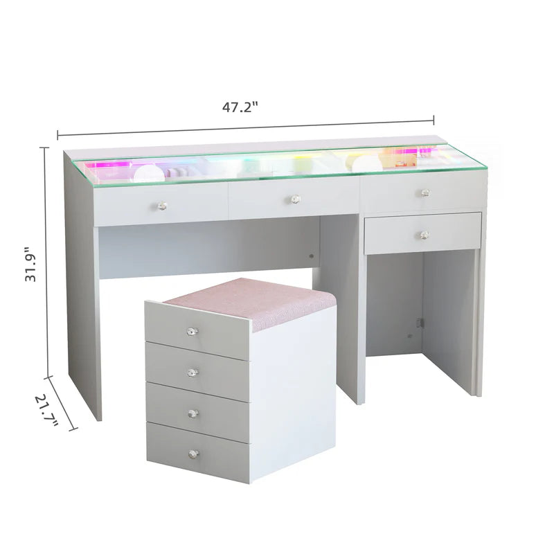 Diana 8 Drawers Vanity Desk Includes a Soft Hidden Stool With Storage Space