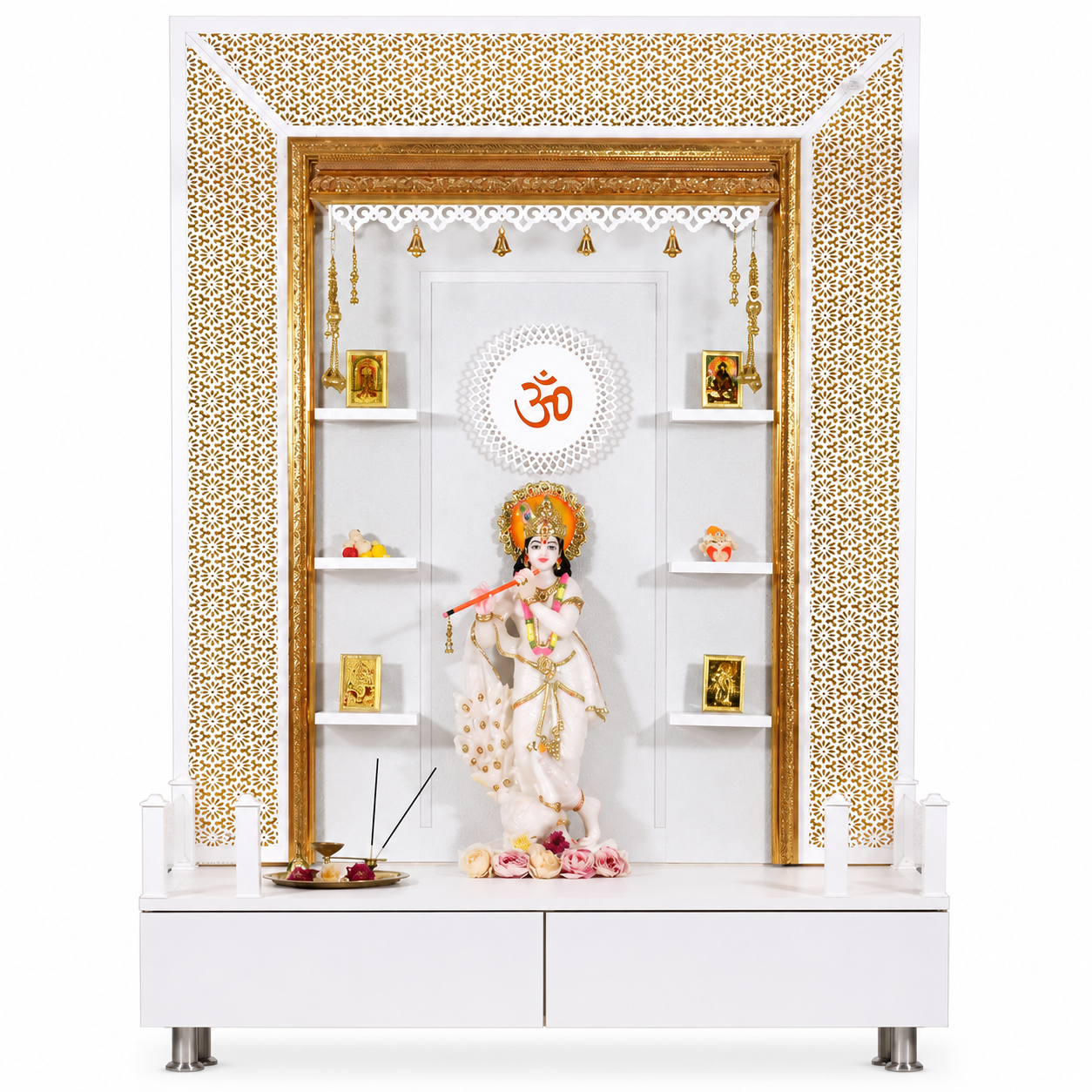 F C Wooden Pooja Mandir with Twin Drawers and Ledges wide