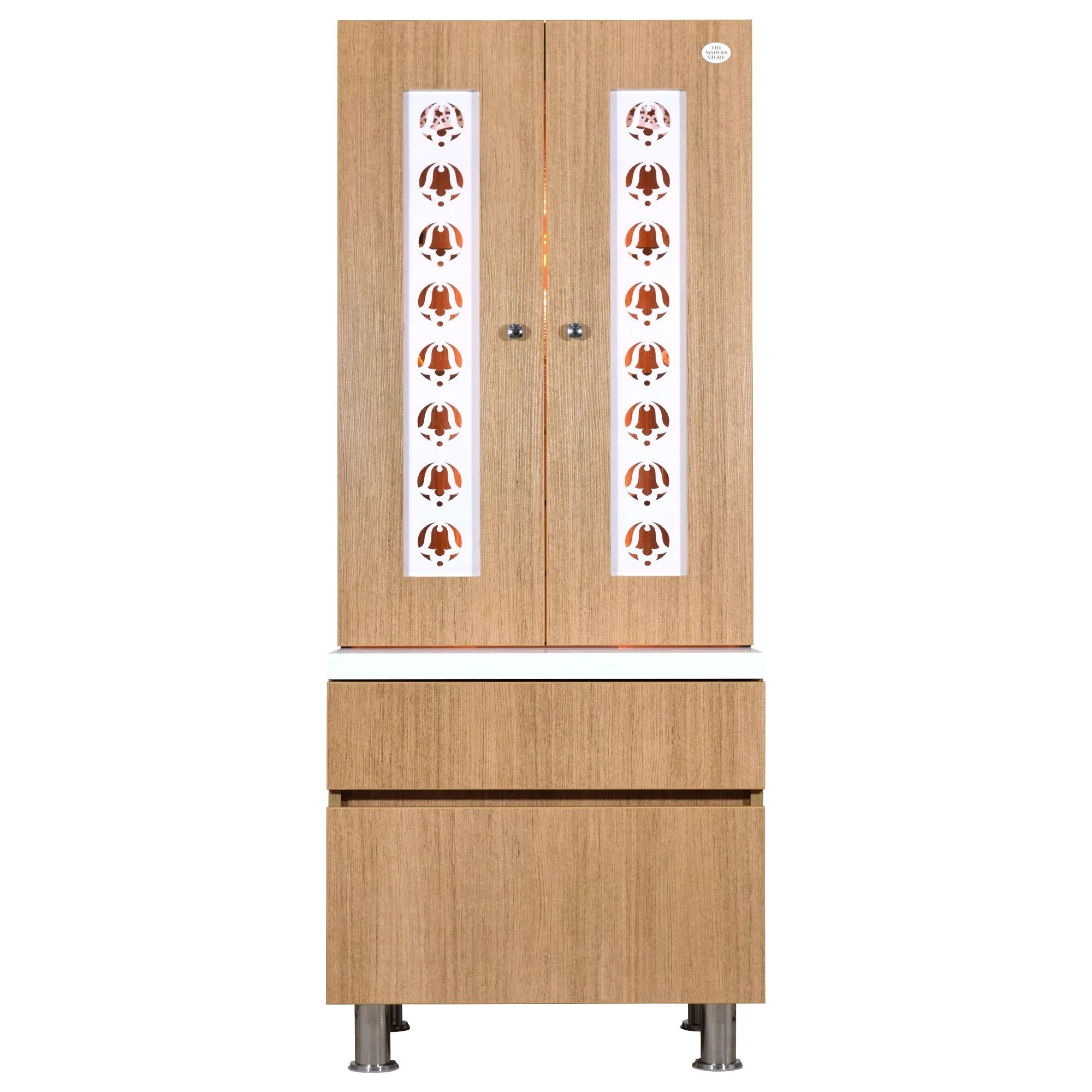 F C Natural Teak Finish Mandir with doors 5' x 2'