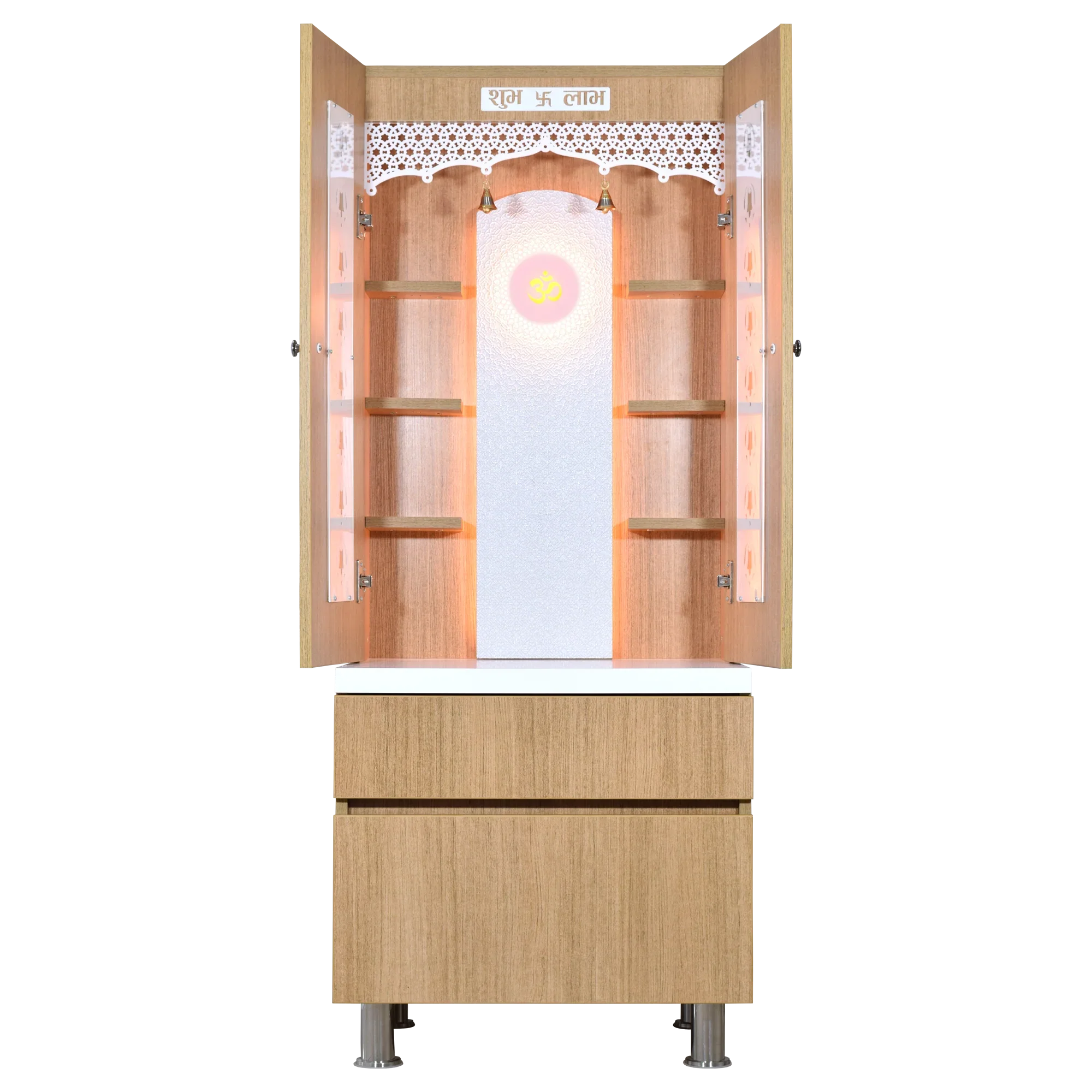 F C Natural Teak Finish Mandir with doors 5' x 2'