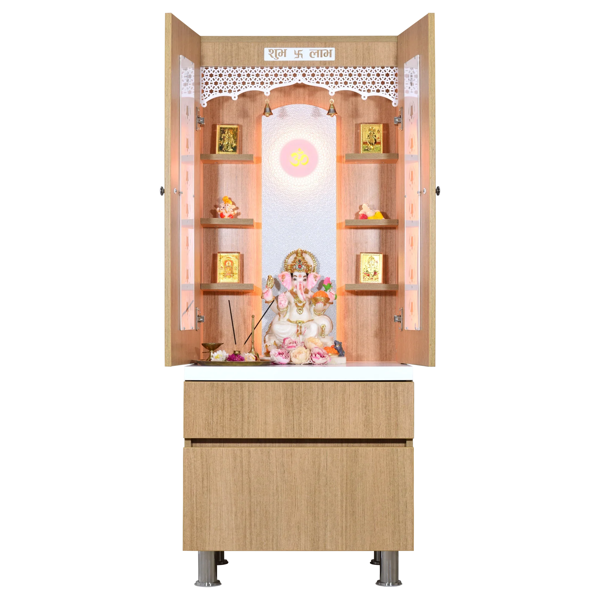 F C Natural Teak Finish Mandir with doors 5' x 2'