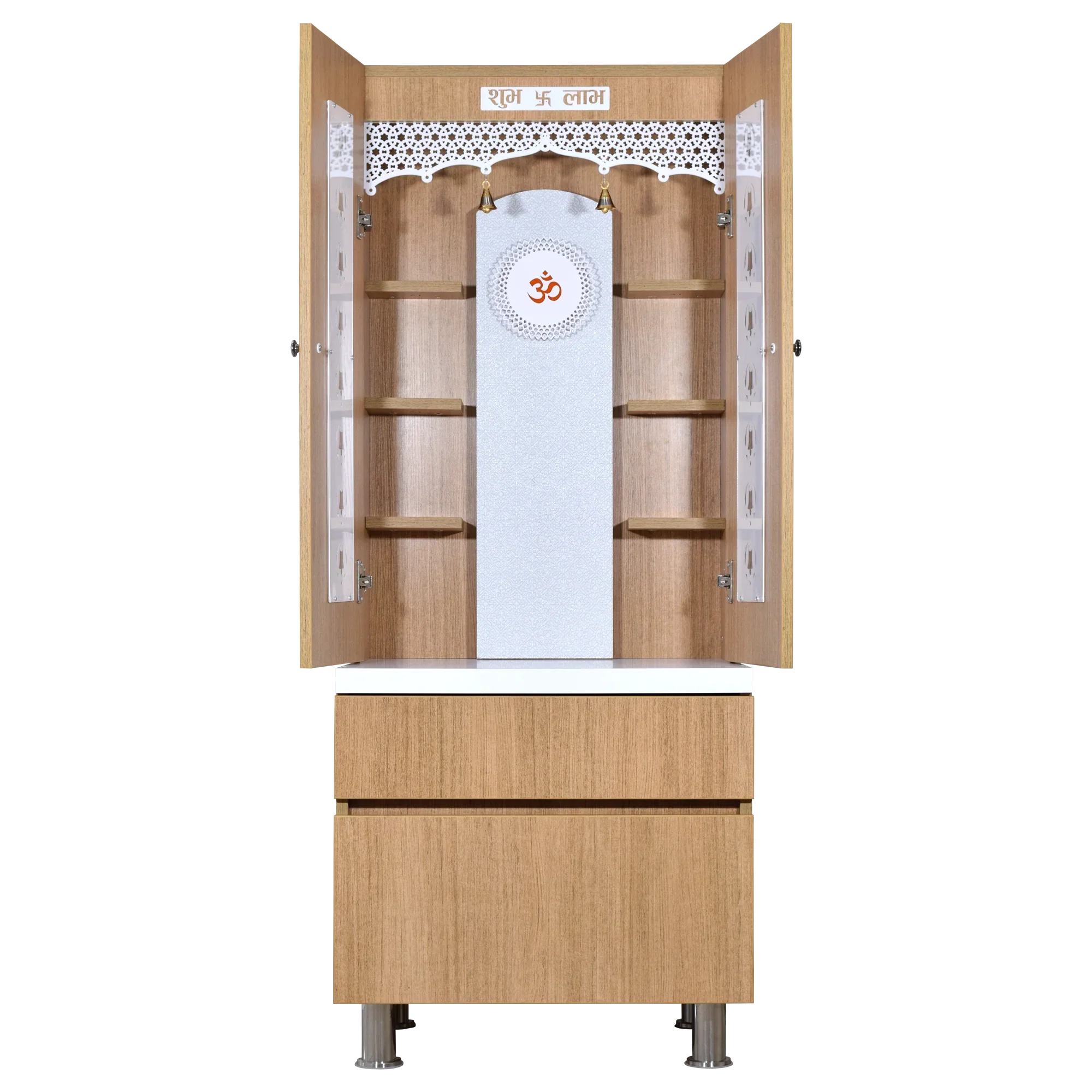 F C Natural Teak Finish Mandir with doors 5' x 2'