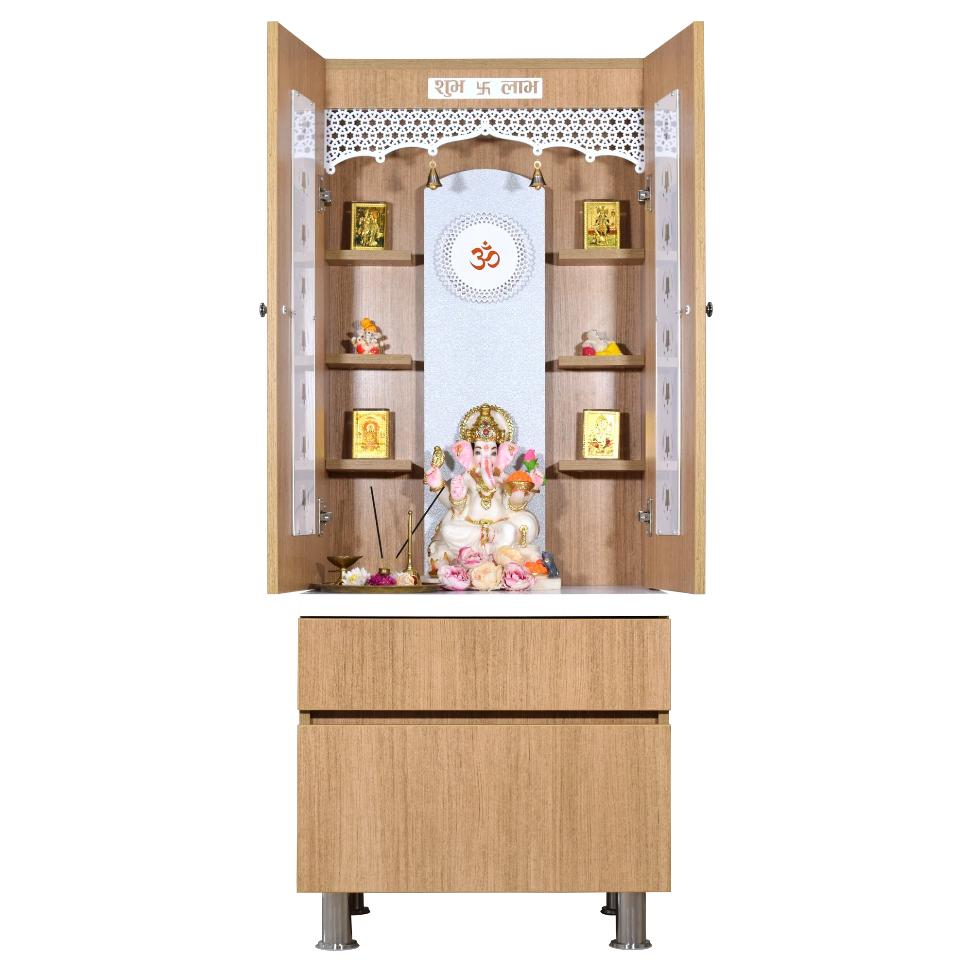 F C Natural Teak Finish Mandir with doors 5' x 2'