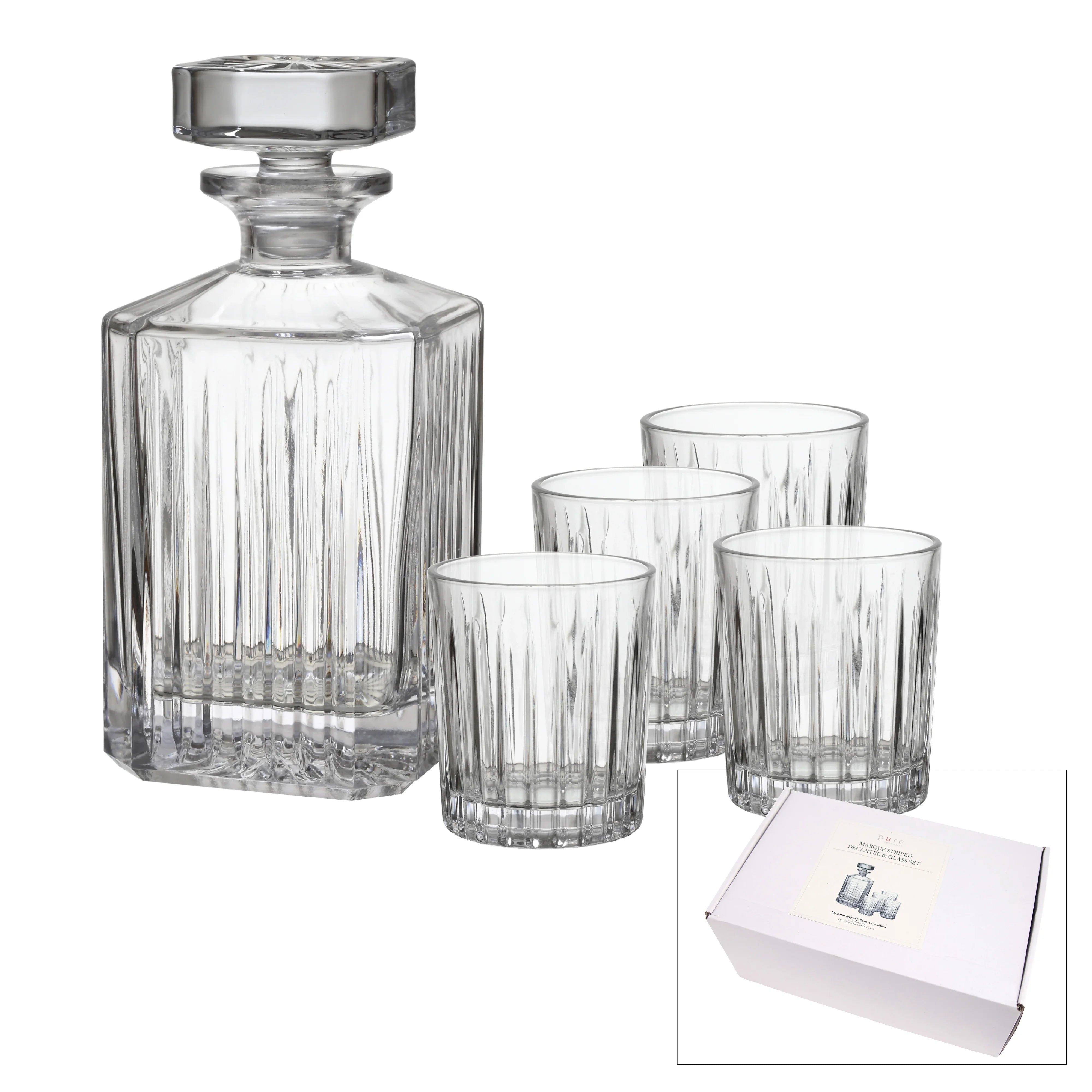 Marque Striped Decanter & 4 Glass Set W10.2/8.4 X D10.2/8.4 X H21.6/9.8cm