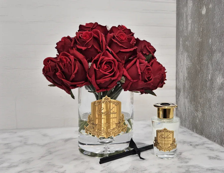 Cote Noire-Luxury Grand Rose Bud Bouquet - Gold Badge - Red - Burgundy Box