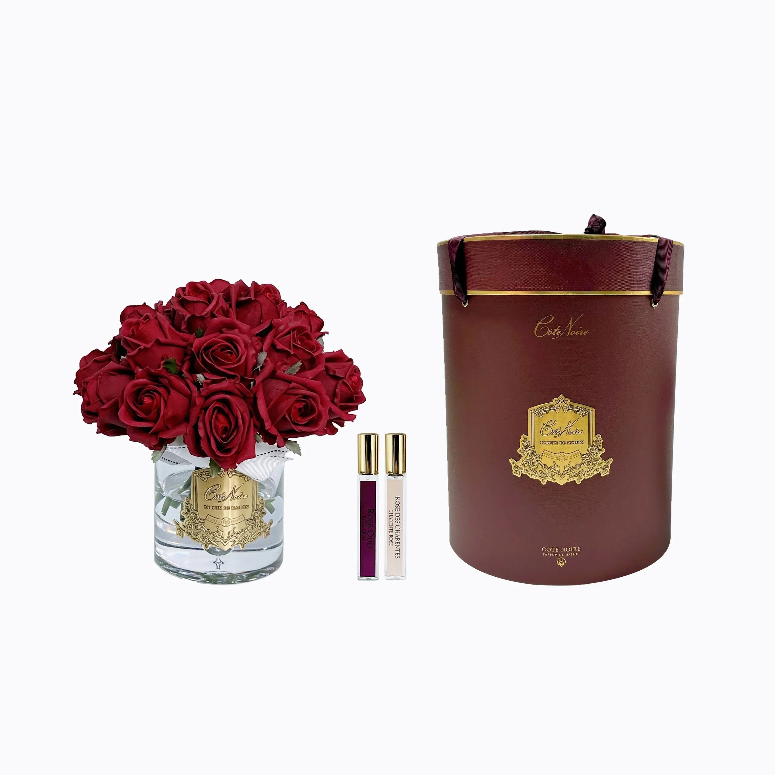 Cote Noire-Luxury Grand Rose Bud Bouquet - Gold Badge - Red - Burgundy Box