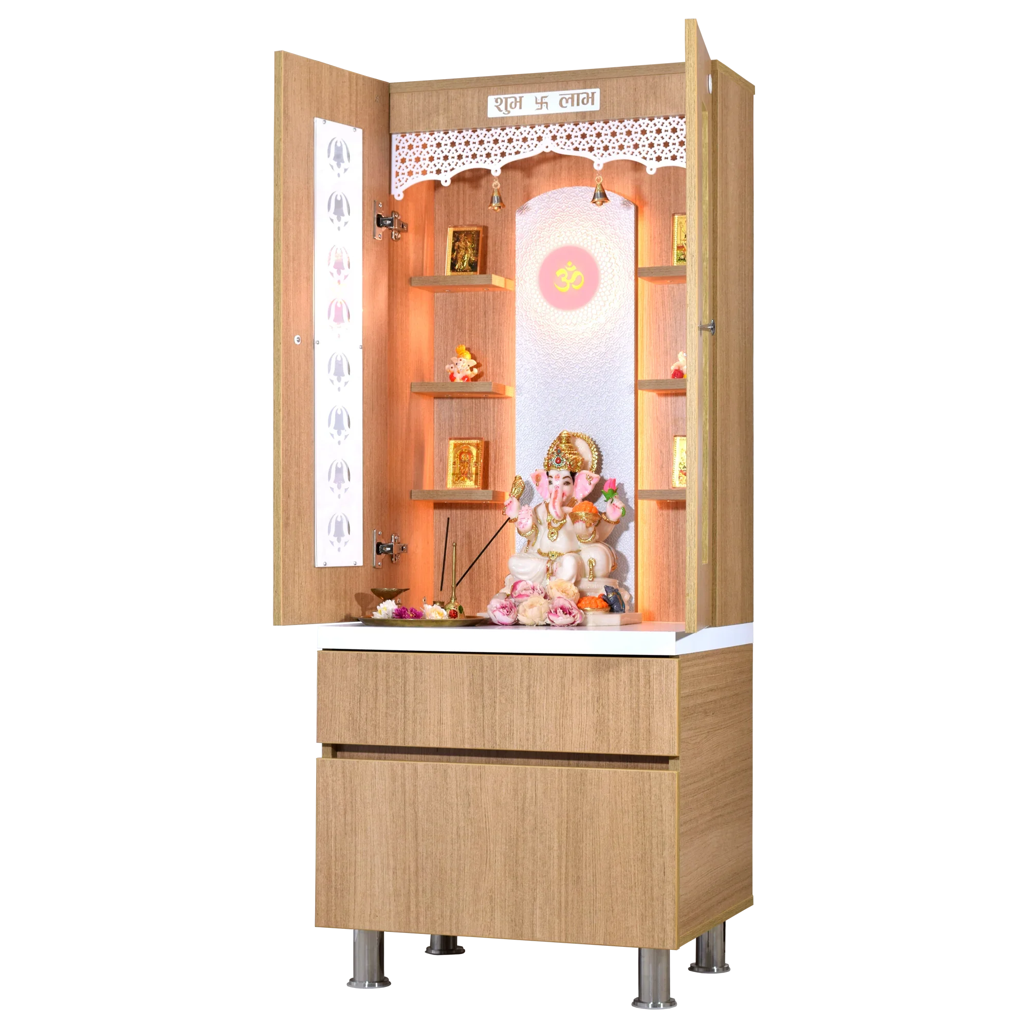 F C Natural Teak Finish Mandir with doors 5' x 2'
