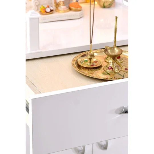 F C Wooden Pooja Mandir With Storage And Lighting White Glossy