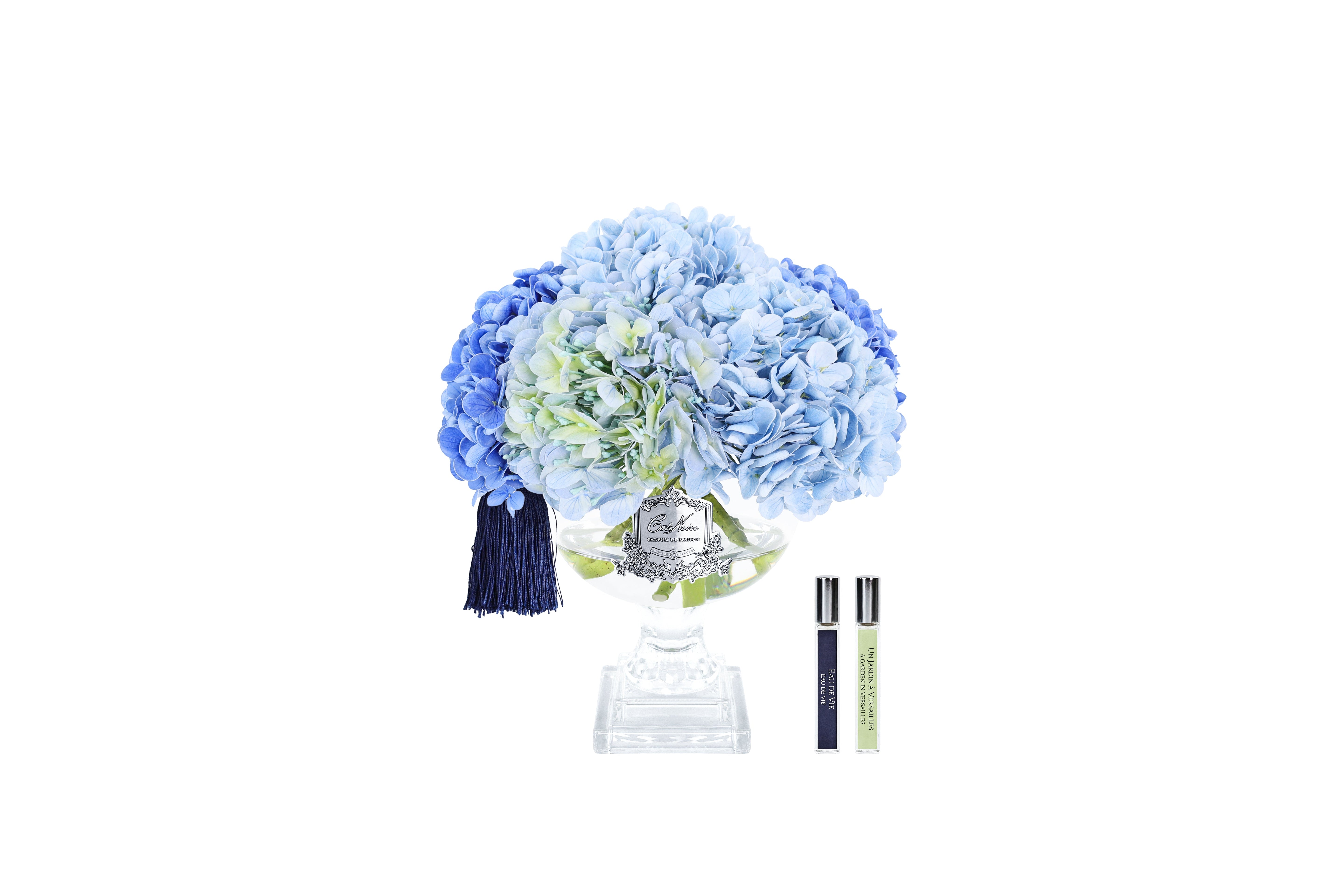 NEW Cote Noire Provence Hydrangea Bouquet - Medium Mixed Blue with Silver Badge - PHB03M