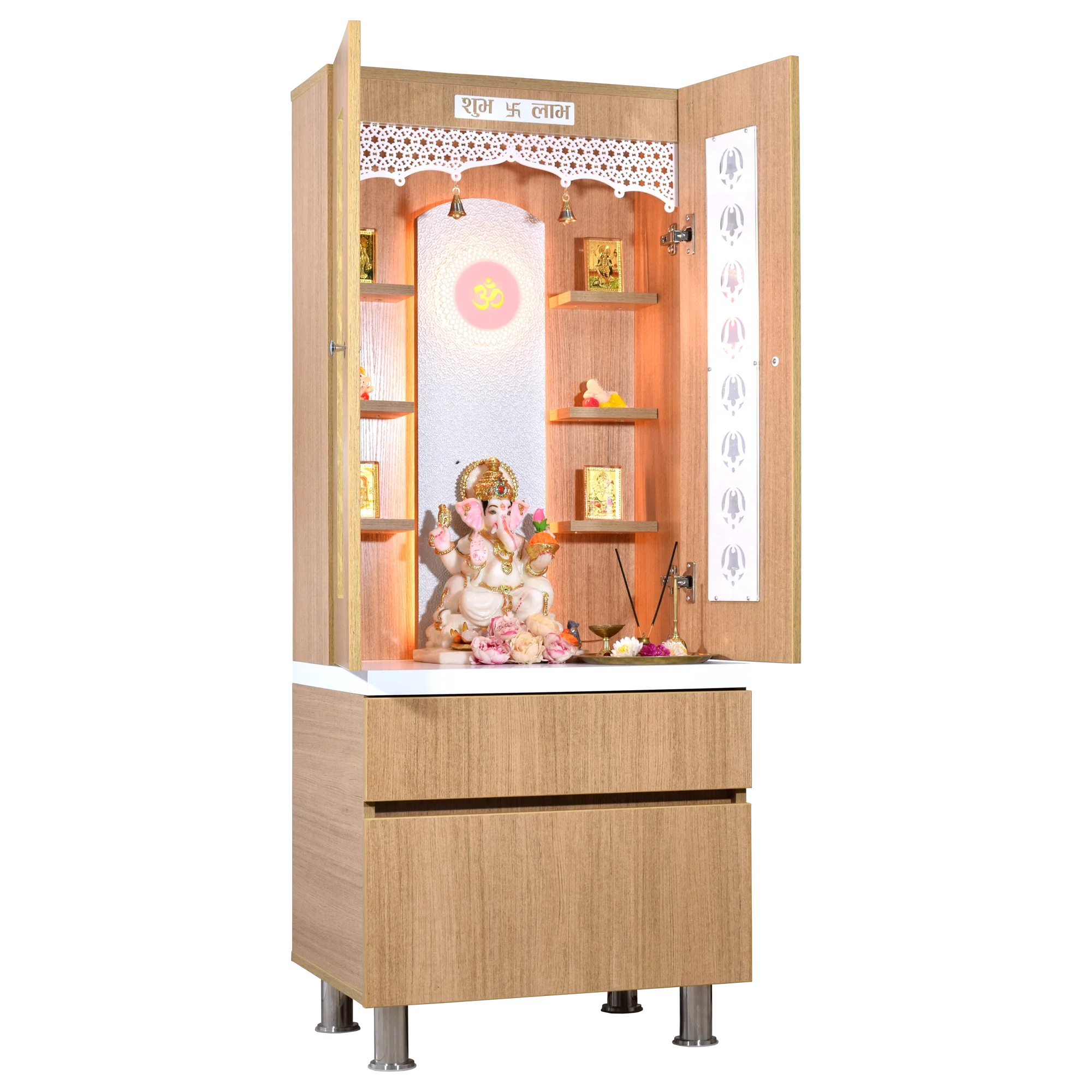 F C Natural Teak Finish Mandir with doors 5' x 2'