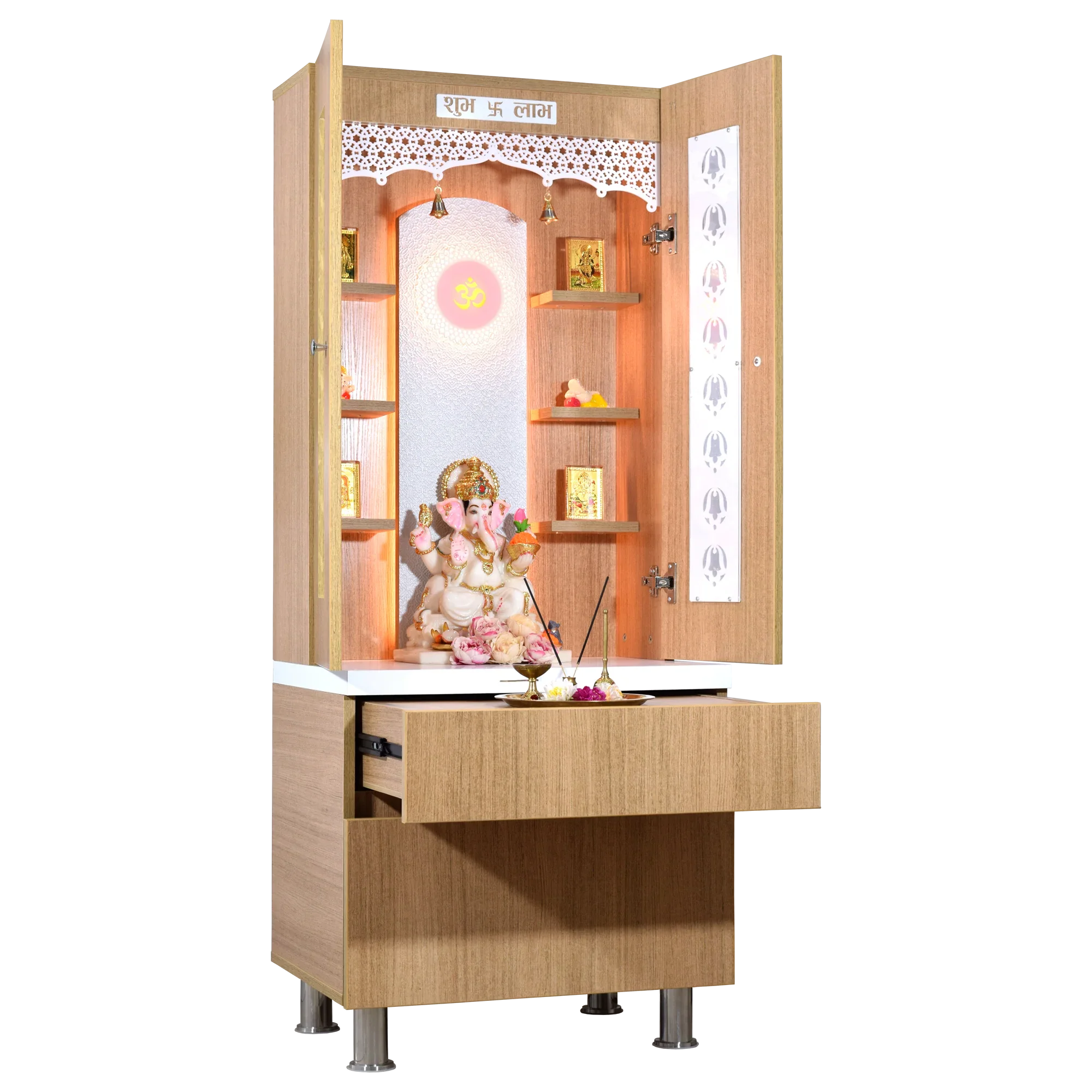 F C Natural Teak Finish Mandir with doors 5' x 2'