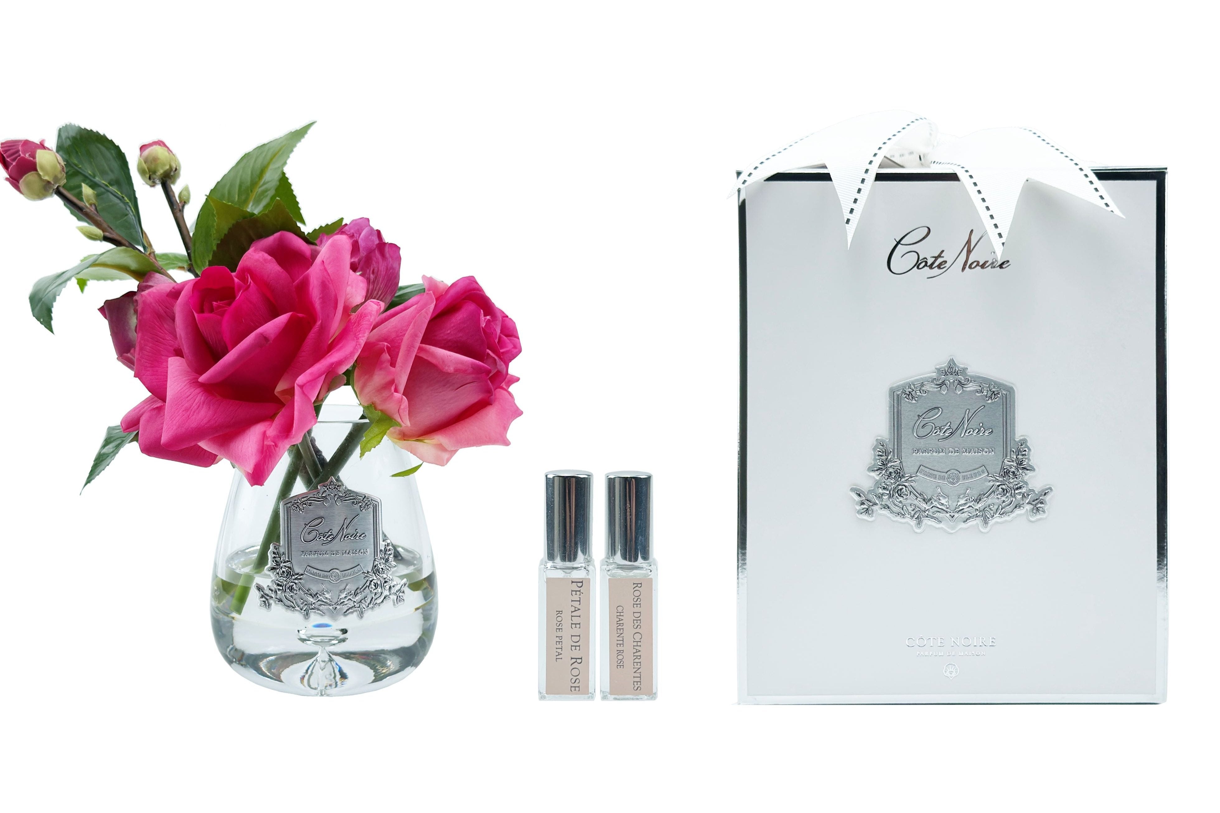 Cote Noire Tea Rose Bouquet - Clear Tear Drop Glass - Magenta - TR08