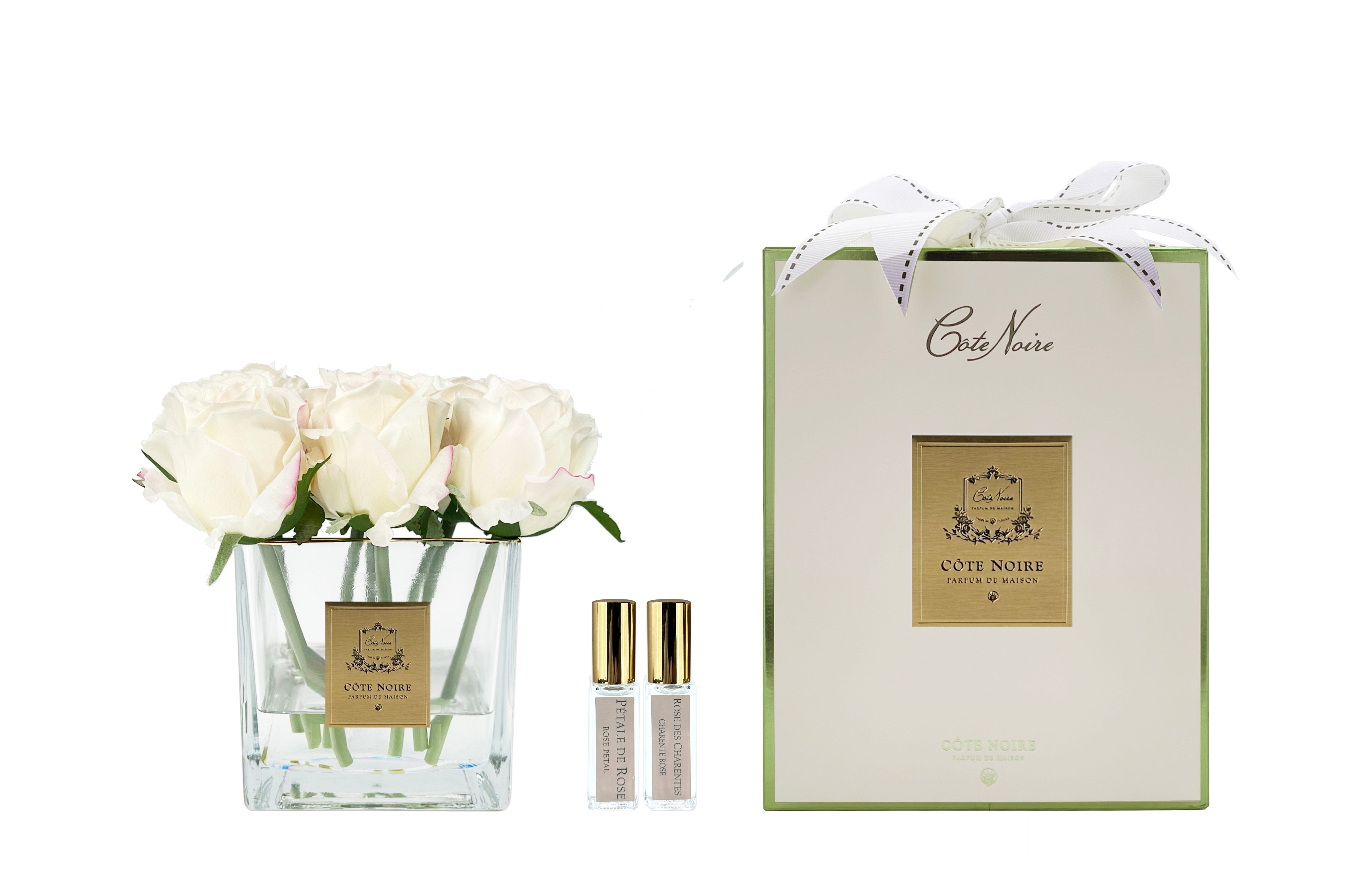 ** LIMITED ** Cote Noire Couture 9 Rose Buds - Square Clear Vase - Gold & Pink Blush - SVC902