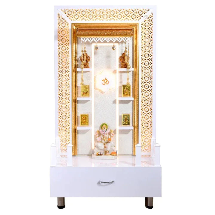 F C Home Temple Pooja Mandir With Floating Shelves, LED Lighting and Drawer Storage