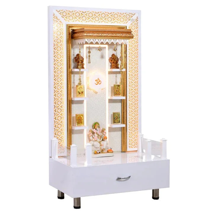 F C Home Temple Pooja Mandir With Floating Shelves, LED Lighting and Drawer Storage