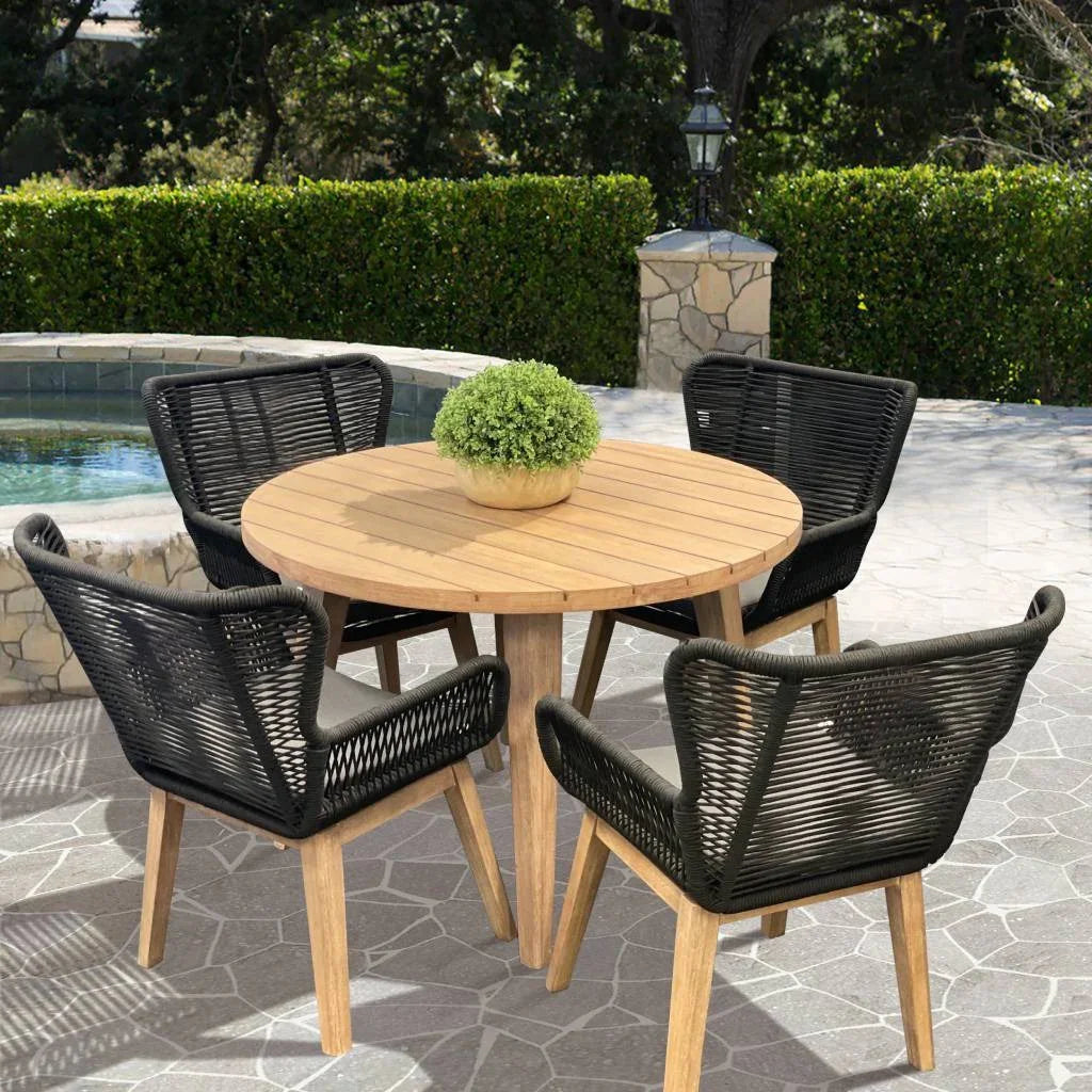 Marrakesh Outdoor 5-Piece Round Dining Set – Black/Charcoal with Eucalyptus Wood (W110 x D110 x H75 cm)