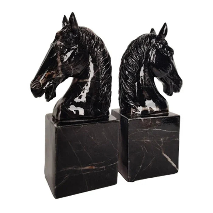Gates Resin Black Marble Horse B/Ends W16X D12.5X H24.5cm