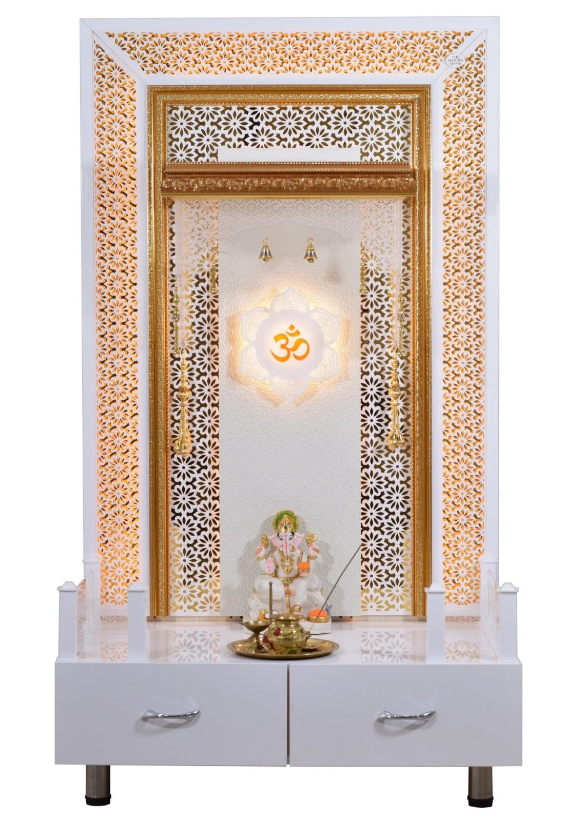 F C Large Pooja Mandir Wooden Temple In White with Twin Drawers Without Shelfs