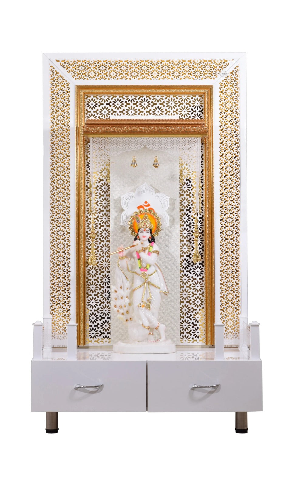 F C Large Pooja Mandir Wooden Temple In White with Twin Drawers Without Shelfs