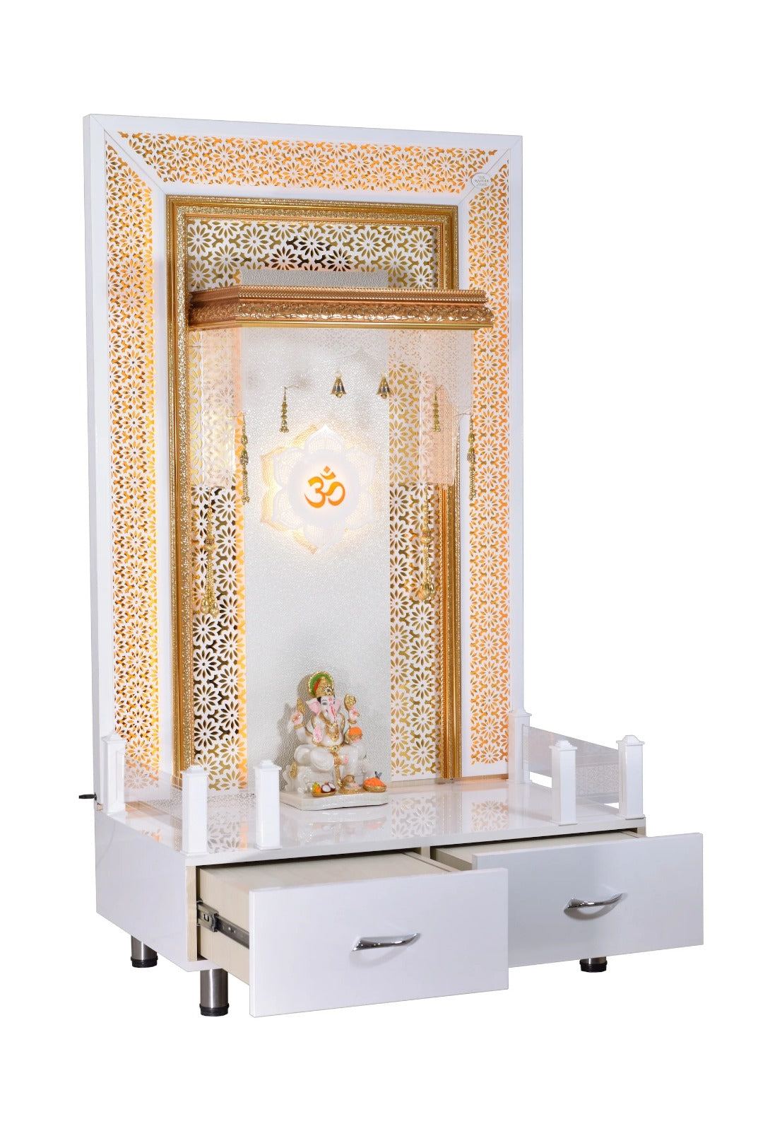 F C Large Pooja Mandir Wooden Temple In White with Twin Drawers Without Shelfs