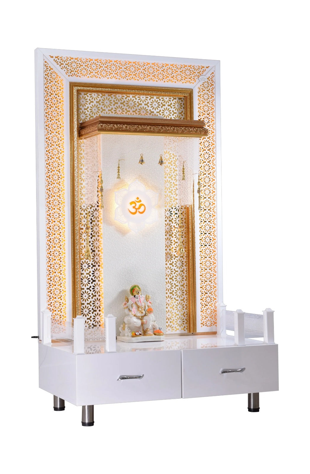 F C Large Pooja Mandir Wooden Temple In White with Twin Drawers Without Shelfs