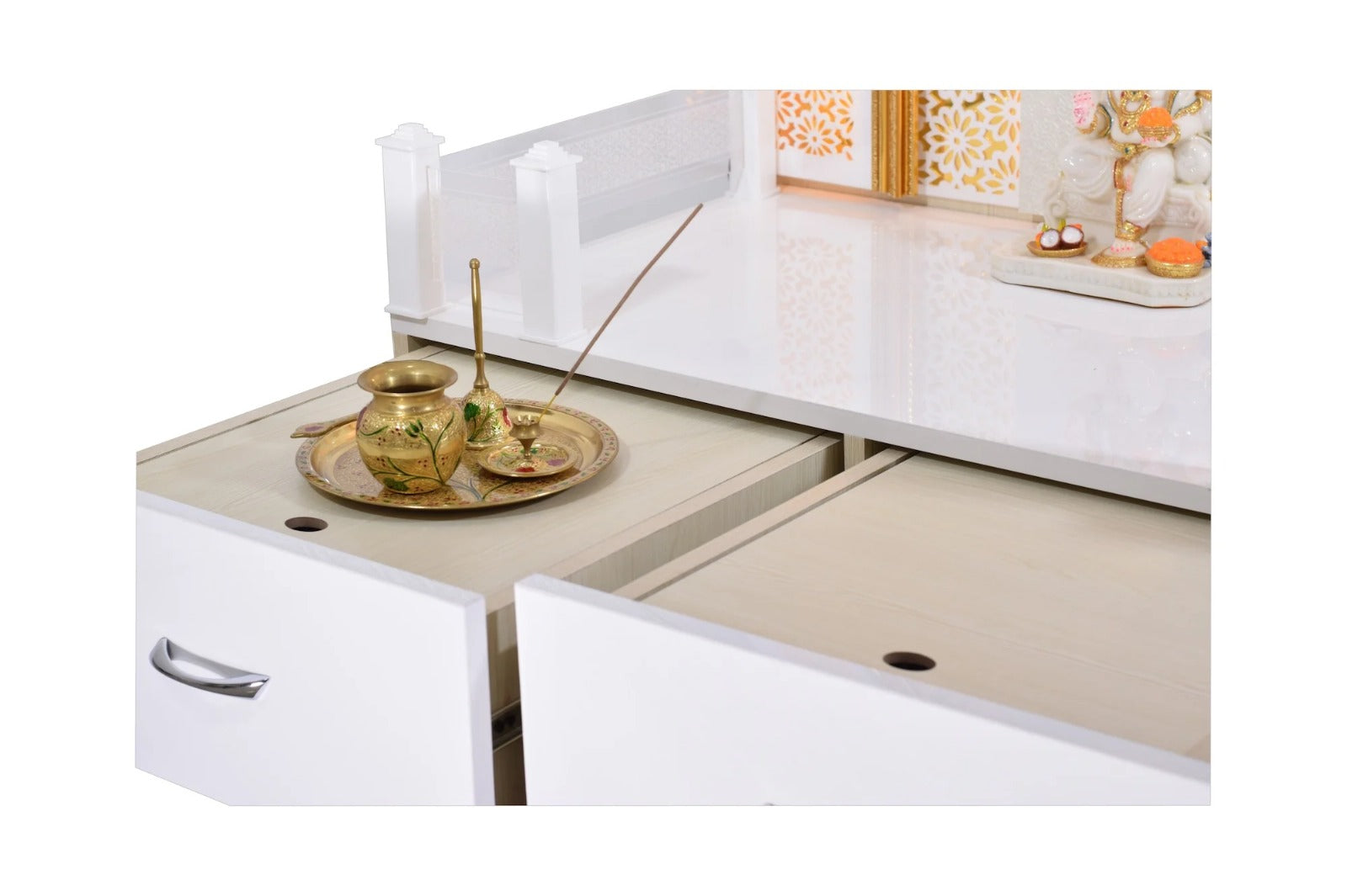 F C Large Pooja Mandir Wooden Temple In White with Twin Drawers Without Shelfs