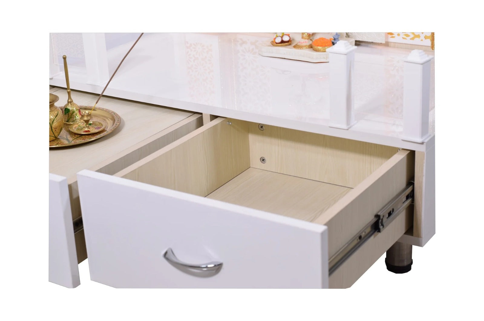 F C Large Pooja Mandir Wooden Temple In White with Twin Drawers Without Shelfs