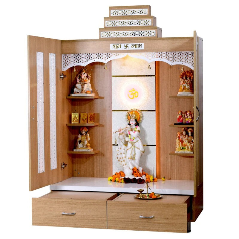 F C Natural Teak Finish Mandir with doors 6' x 4