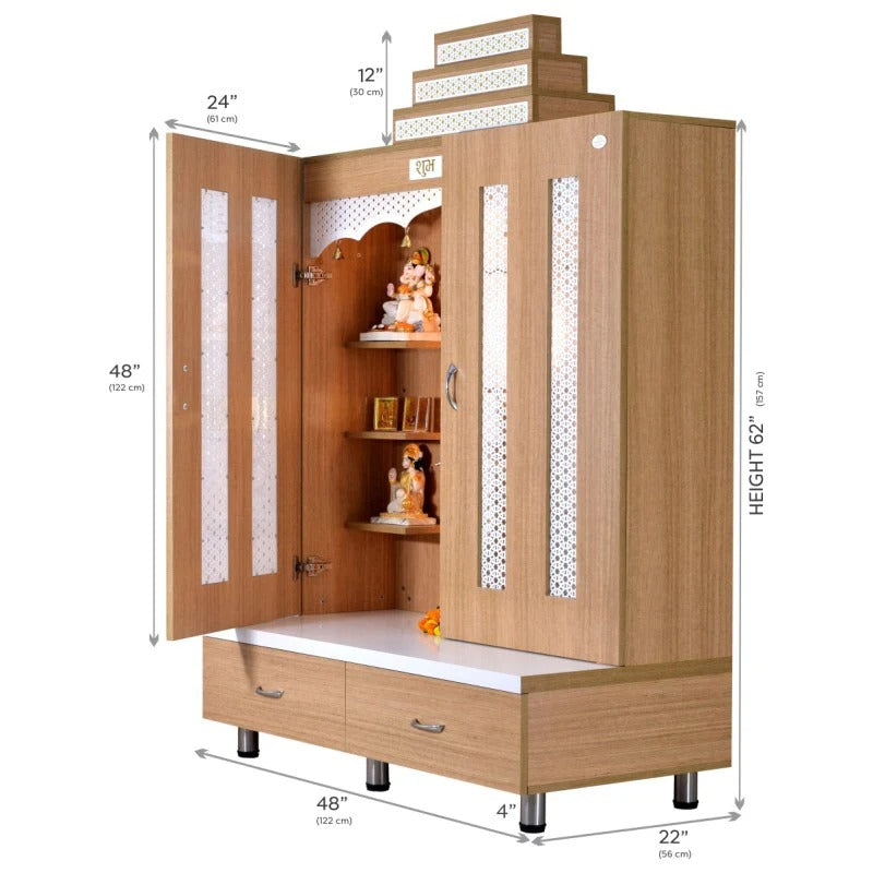 F C Natural Teak Finish Mandir with doors 6' x 4