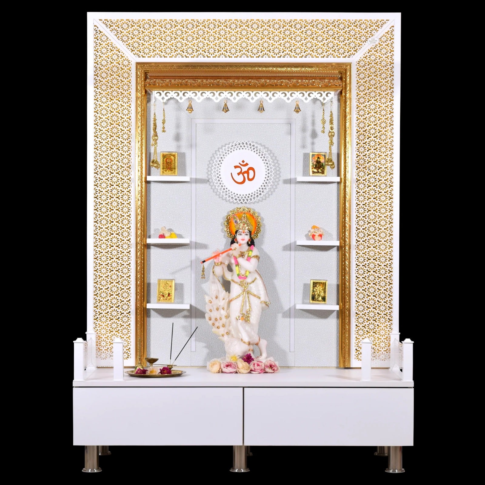F C Wooden Pooja Mandir with Twin Drawers and Ledges wide