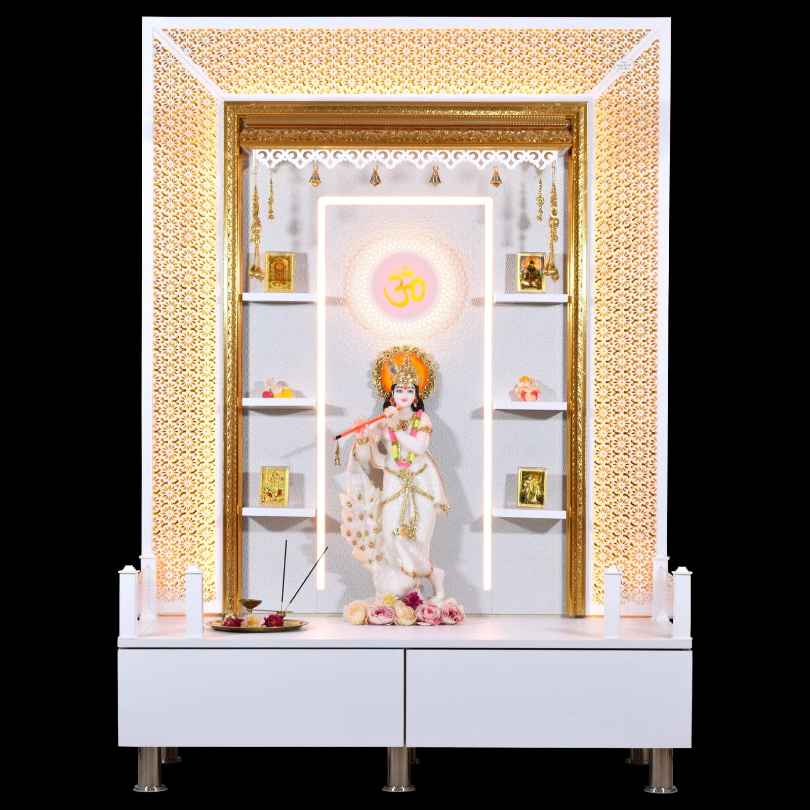 F C Wooden Pooja Mandir with Twin Drawers and Ledges wide
