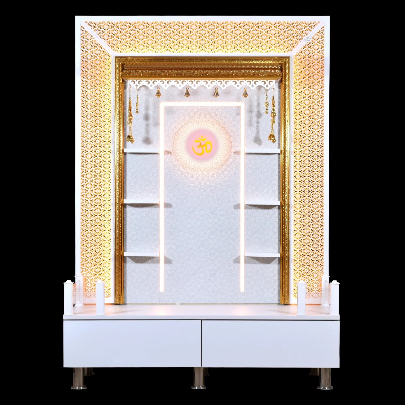F C Wooden Pooja Mandir with Twin Drawers and Ledges wide