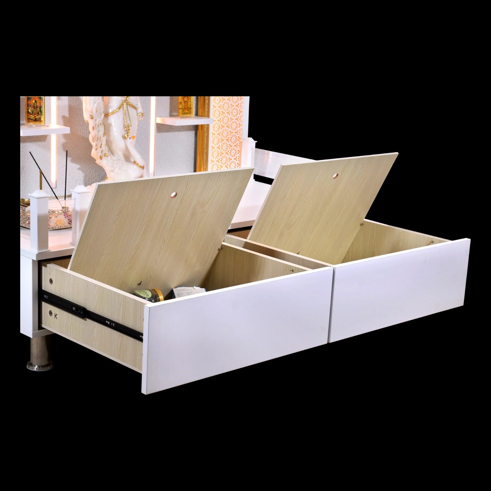 F C Wooden Pooja Mandir with Twin Drawers and Ledges wide