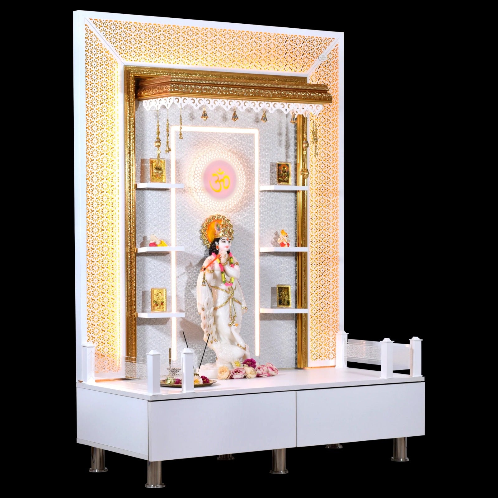 F C Wooden Pooja Mandir with Twin Drawers and Ledges wide
