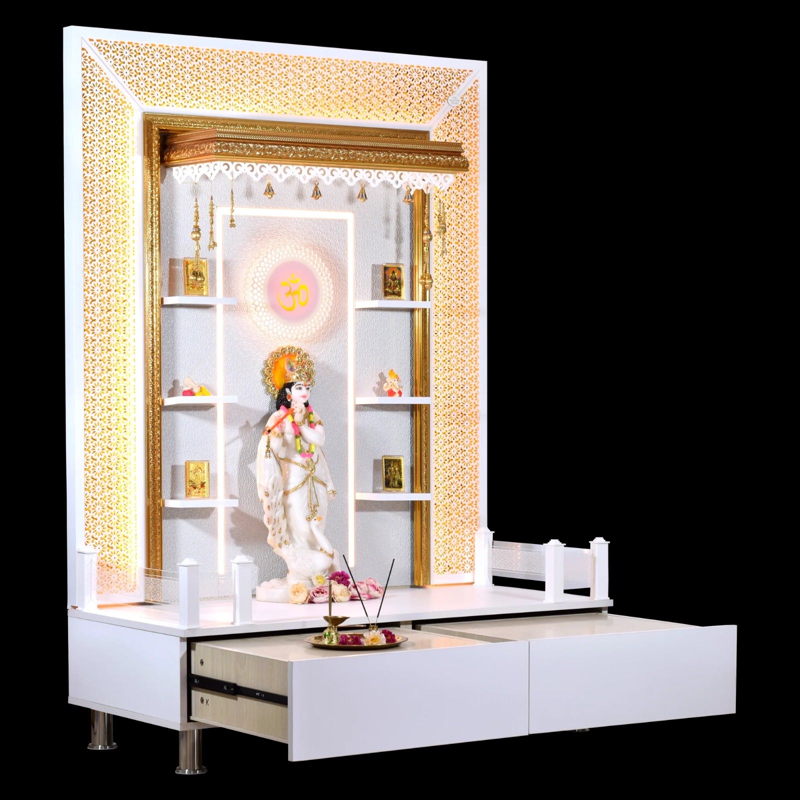 F C Wooden Pooja Mandir with Twin Drawers and Ledges wide