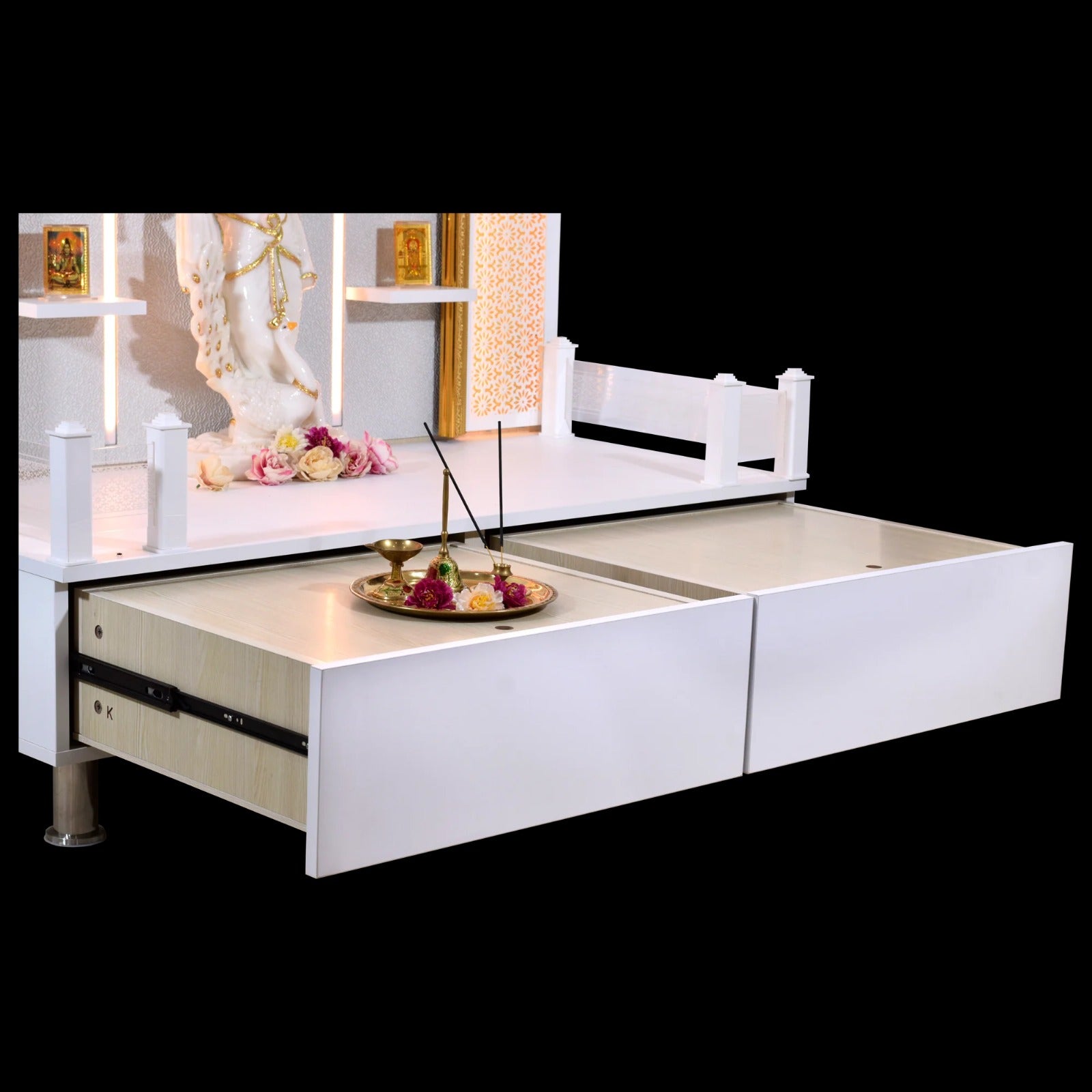 F C Wooden Pooja Mandir with Twin Drawers and Ledges wide