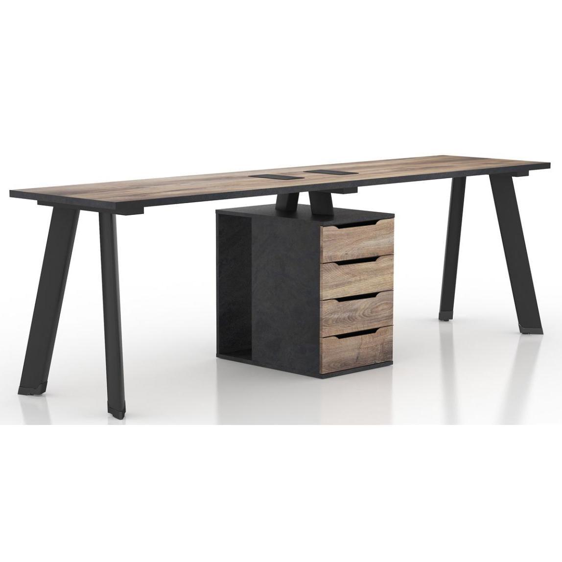 Arto 2 Person Workstation with 1 Cabinet 2.4M - Warm Oak & Black - Furniture Castle