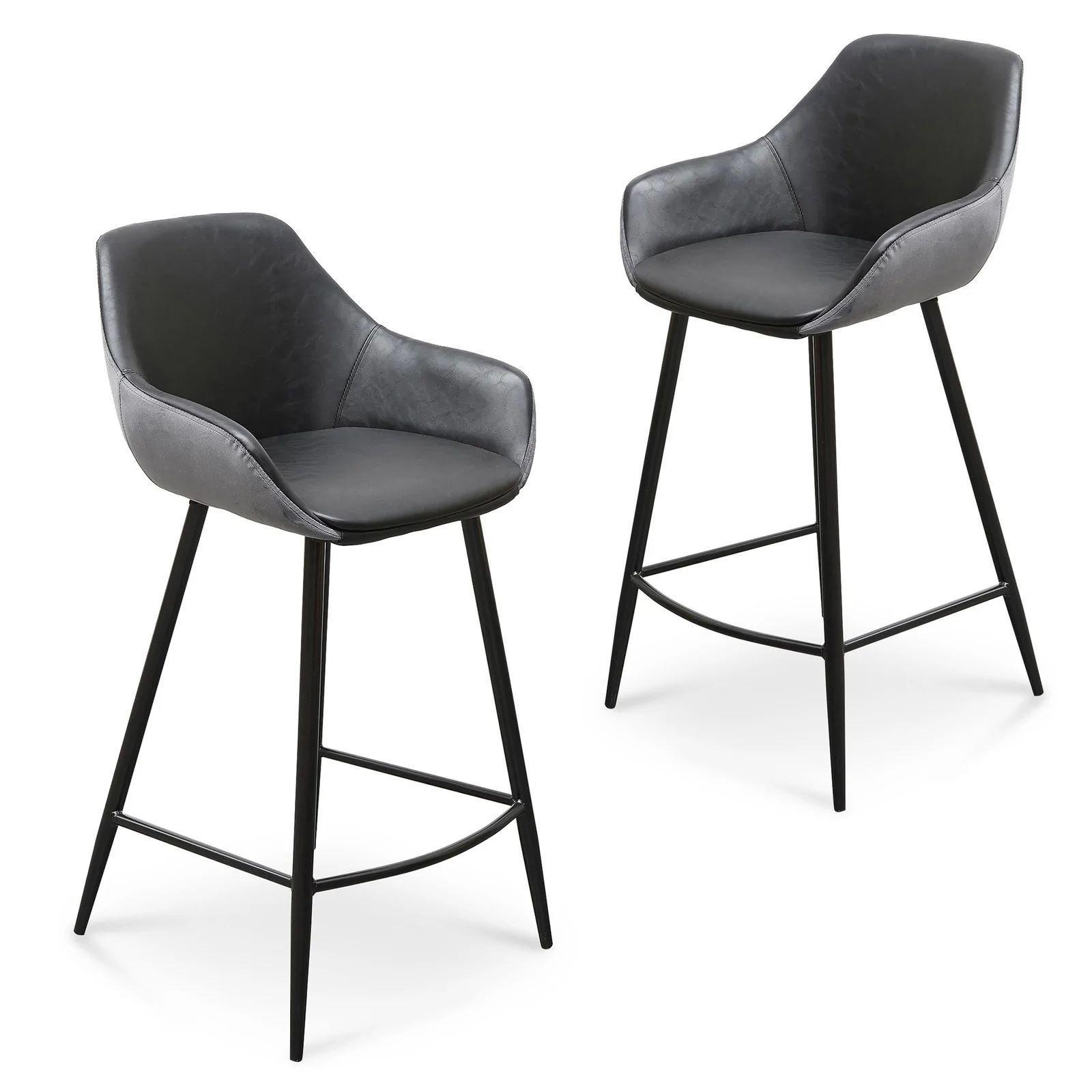Astoria Bar Stools Black PU & Grey Velvet - Set of 2 - Furniture Castle